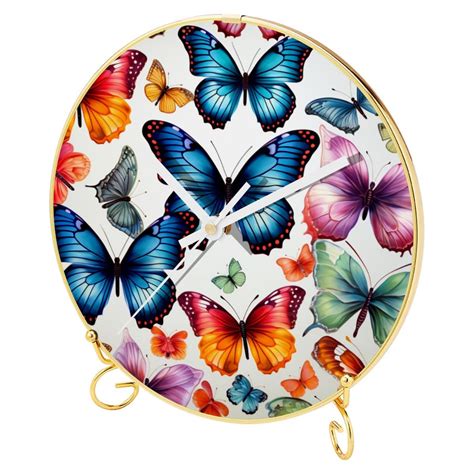 Ownta Butterfly Pattern Round Printed Wall Clocks With Hooks And Gold