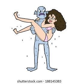 Cartoon Swamp Monster Carrying Woman Bikini Stock Illustration