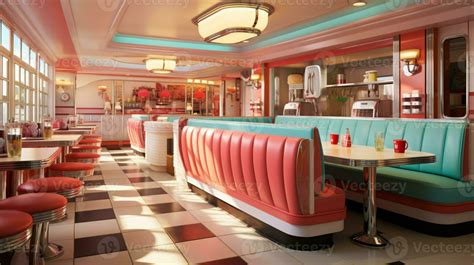 Retro vintage diner restaurant, interior design, stylish old fashioned design concept, AI ...