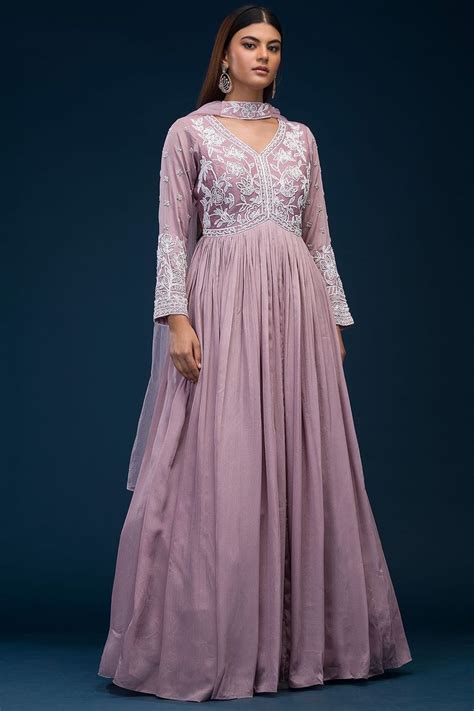 Buy Light Lilac Bead Embroidered Georgette Anarkali Salwar Online