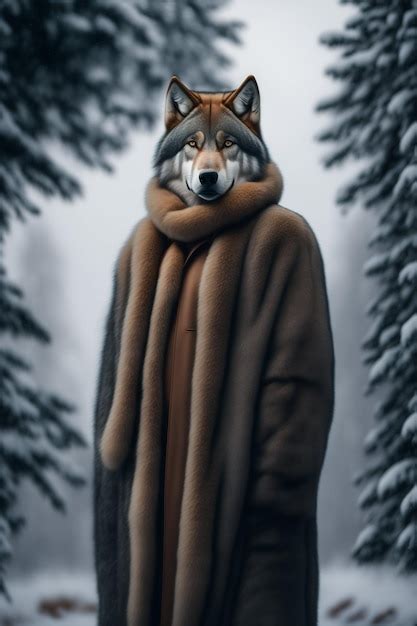 Premium AI Image | A wolf in a fur coat stands in a snowy forest.