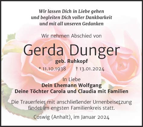 Traueranzeigen Von Gerda Dunger Abschied Nehmen De