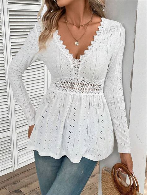 SHEIN Frenchy Guipure Lace Insert Peplum Tee Commute Minimalist Office