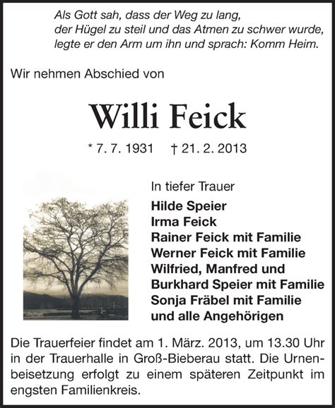 Traueranzeigen Von Willi Feick Vrm Trauer De