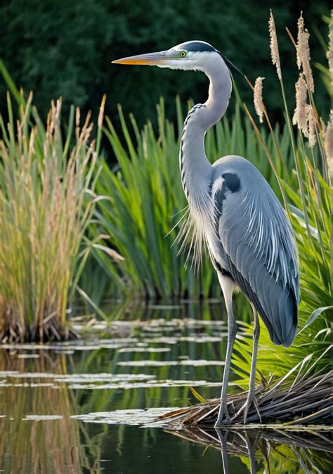 Gray heron stands elegantly in full-body view by F - Playground