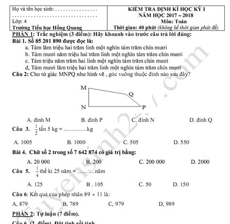 Đề Thi Học Kì Lớp 4 Môn Toán 2017 2018 Th Hồng Quang