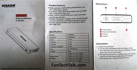 Manual For KMASHI 15000mAh And 10000mAh External Battery Power Bank