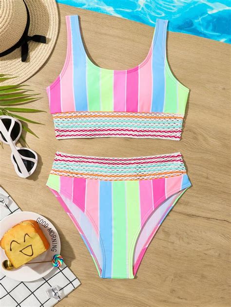 Conjunto De Bikini Para Niñas Preadolescentes Con Cuello Redondo Y
