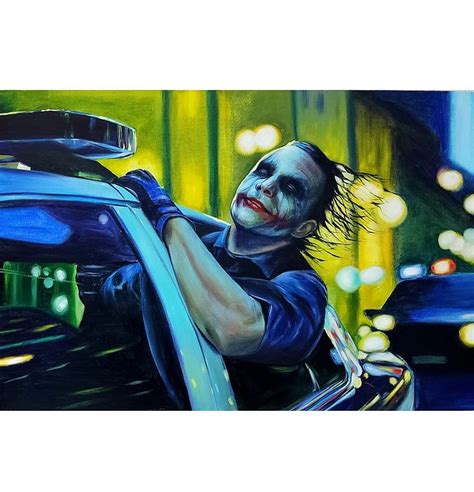 A Painting Of The Joker Leaning Out Of A Car Window With City Lights In