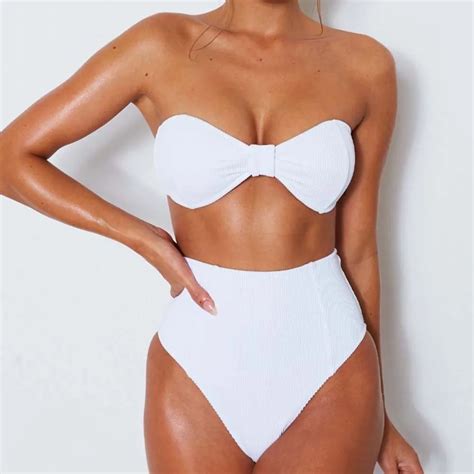 Kmnovo 2018 Pleated Bikini Solid Swimwear Swimsuit Women Strapless