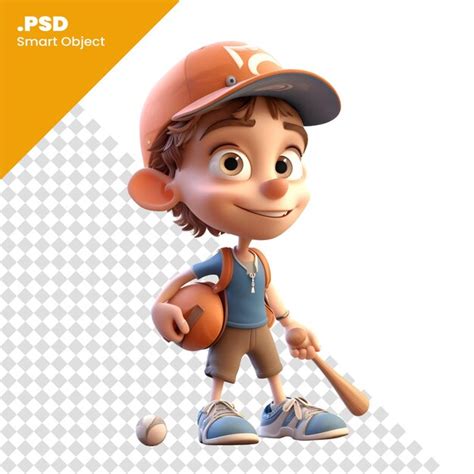 Renderização 3d de um menino um taco de beisebol e boné modelo psd