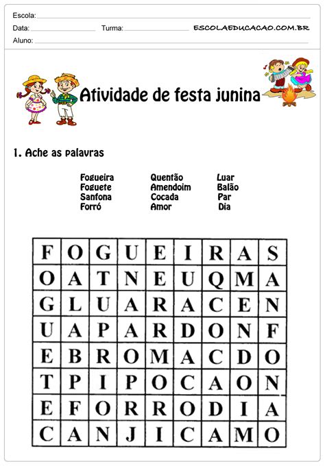 Atividade de festa junina 1ano ache as palavras Escola Educação