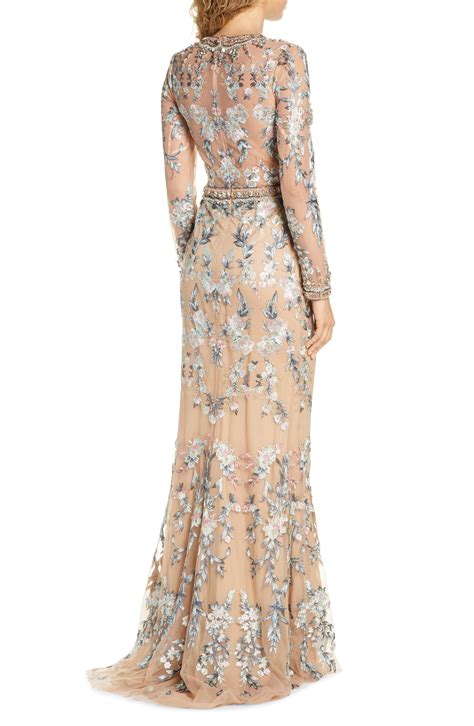 Mac Duggal Embellished Long Sleeve Lace Gown In Natural Lyst