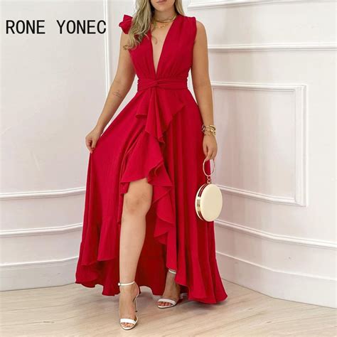 Robe de soirée rouge couleur unie Chic décolleté en V profond une