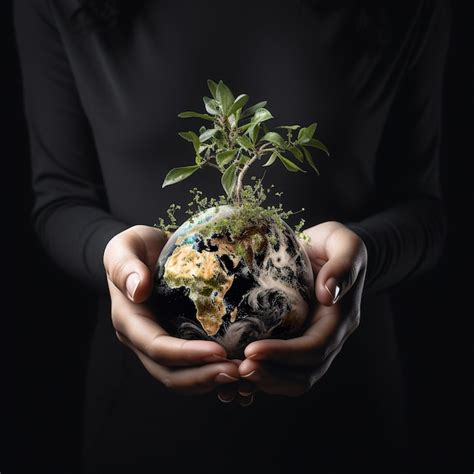 Manos humanas sosteniendo el globo terrestre con la planta en él Foto