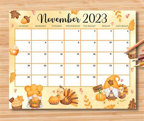 Calendrier Modifiable De Novembre Joyeux Thanksgiving Etsy France