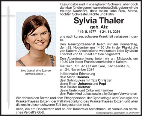 Traueranzeigen Von Sylvia Thaler Trauer Bz