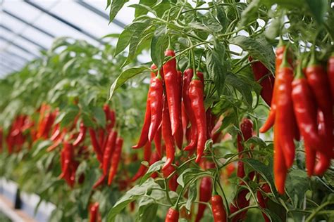 Red Chili Peppers Growing In Greenhouse Background Red Pepper