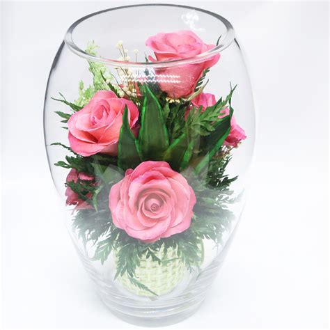 40337 Long Lasting Pink Roses In A Elliptical Round Glass Vase — Fiora Flower