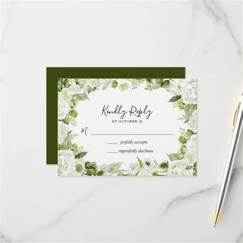 Dusty White Floral Greenery Watercolor RSVP Card Ad AD Greenery