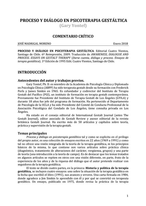 Proceso Y Diálogo En Psicoterapia Gestáltica Gary Yontef Comentario