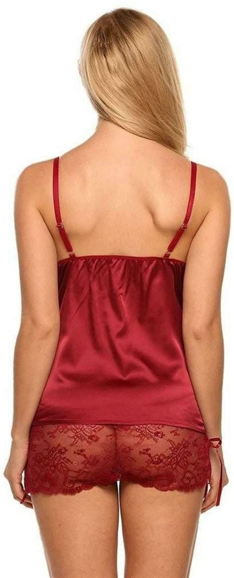 Ssoshhub Women Maroon Solid Satin Blend Baby Doll Lingerie Set Jiomart