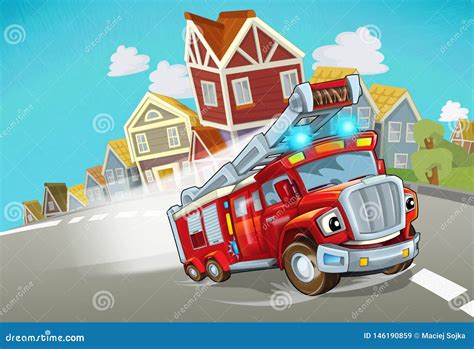 Cartoon Fire Brigade Driving Through The City Illustration Stock