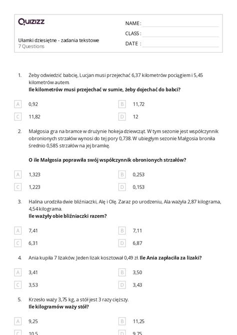 Ponad 50 Zadania Tekstowe Z Matematyki Arkuszy Roboczych Dla Klasa 5