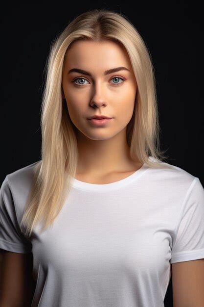 Premium Ai Image A Blonde Woman In A White T Shirt Is Posing On A Black Background