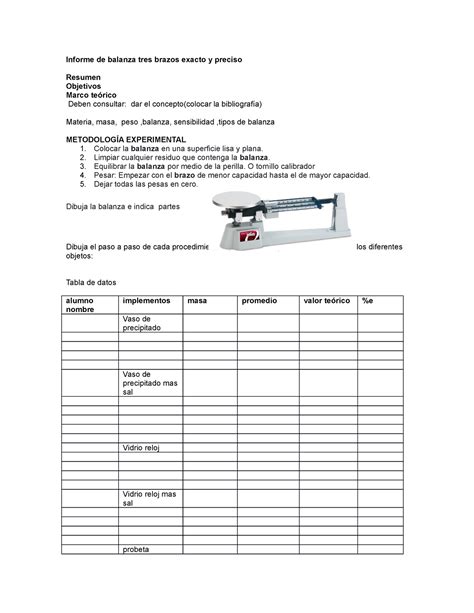 Informe De Balanza Tres Brazos Exacto Y Preciso Informe De Balanza