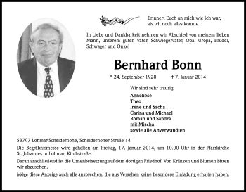 Traueranzeigen Von Bernhard Bonn Wirtrauern