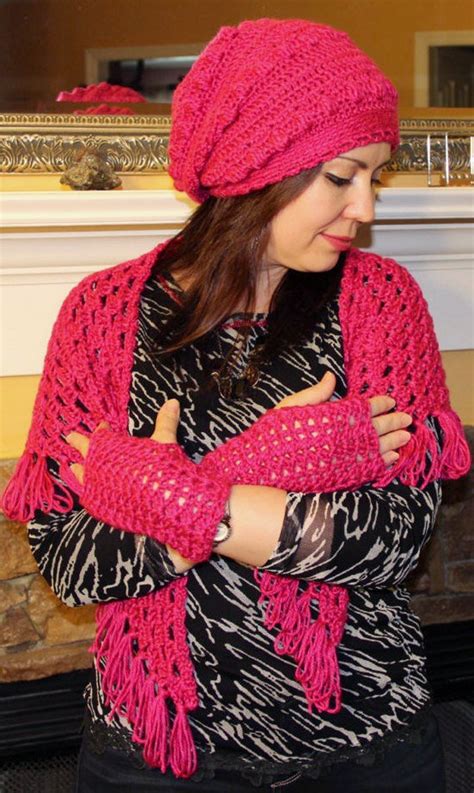 Hot Pink Crocheted Set Of Baktus Wrap Shawl Fingerless Mittens And