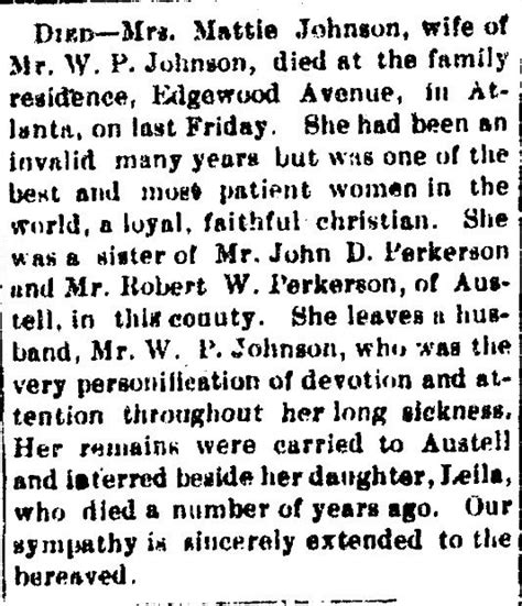 Martha Roseberry Mattie Perkerson Johnson Find A Grave