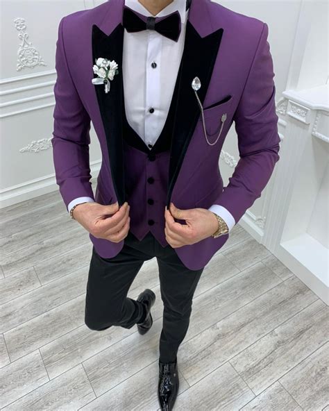 Buy Purple Slim Fit Velvet Peak Lapel Tuxedo By Gentwith