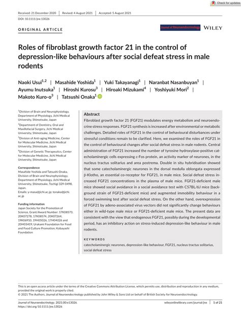 Pdf Roles Of Fibroblast Growth Factor 21 In The Control Of Depression‐like Behaviors After