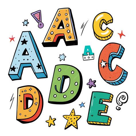 Letras Coloridas De Dibujos Animados A C D Y E Con Estrellas Y Otras Ilustraciones Divertidas