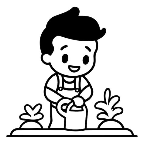 Un niño lindo regando las plantas en el jardín ilustración vectorial