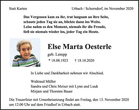 Traueranzeigen Von Else Marta Oesterle ZVW Trauer