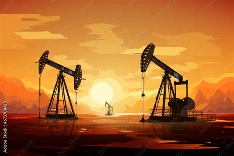 Silhouettes Of Oil Drilling Derricks In A Desert Oilfield Extracting