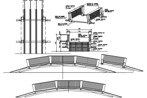 Wooden Bridge All Sided Elevation And Constructive Section Details Dwg