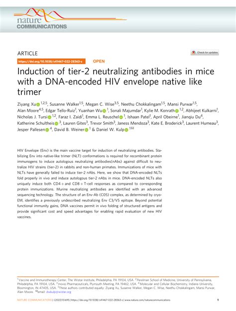 Pdf Induction Of Tier 2 Neutralizing Antibodies In Mice With A Dna Encoded Hiv Envelope Native