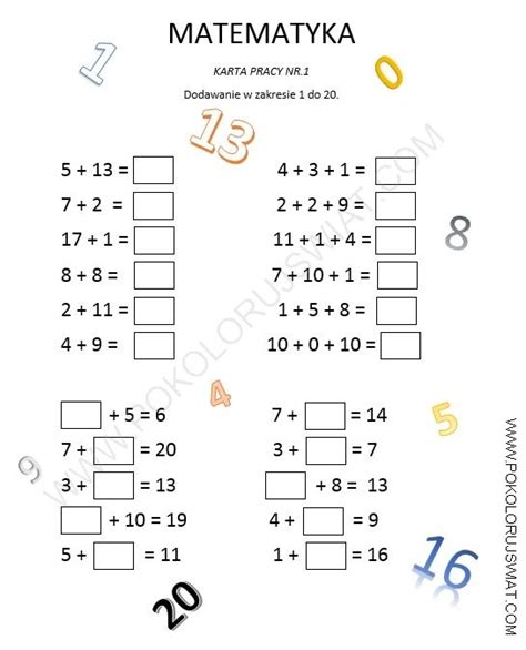 Karta pracy ucznia Dodawanie w zakresie 1 20 Pokoloruj Świat Math