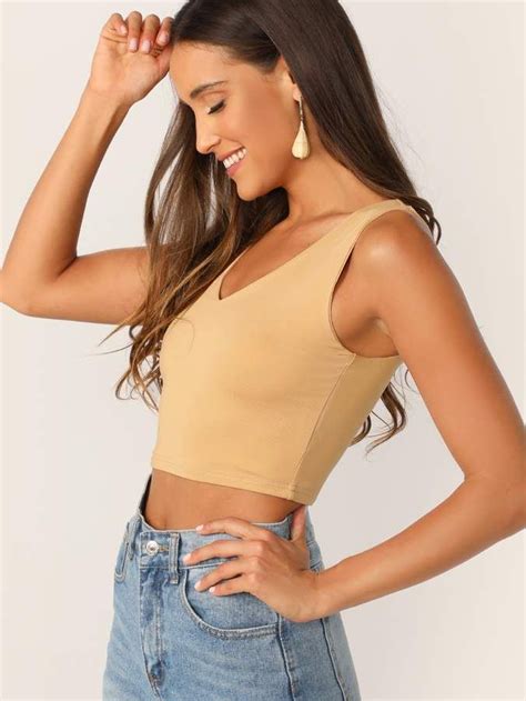 Shein Solid V Neck Crop Tank Top Tank Top Cami Cropped Tank Top Crop