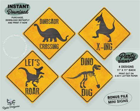 Dinosaur Birthday Party Signs Printable Dinosaur Set of 4 Party Signs Dino X-ing Dinosaur Dig ...