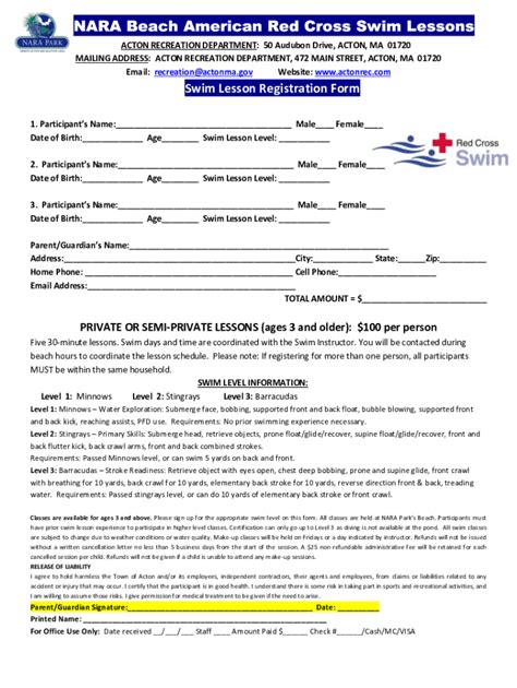 Fillable Online Swim Lesson Registration Form MyRec Fax Email