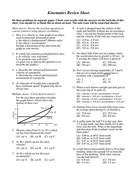 Kinematics Worksheet With Answers