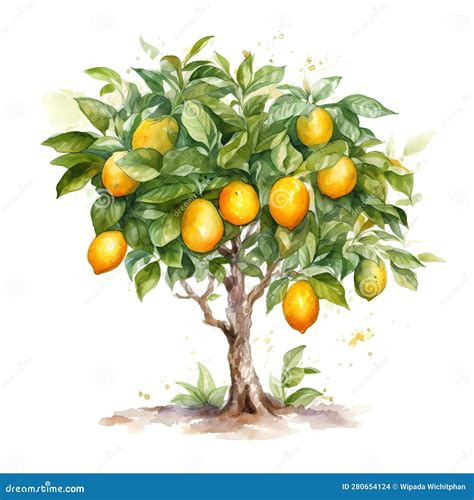 Lemon Tree Watercolor Painted Illustration Stock Illustration