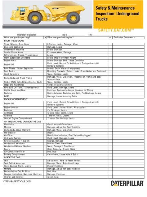 Safety And Maintenance Checklist Underground Trucks Pdf Pdf Leak Truck