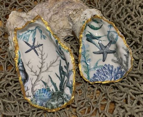 Blue And Gray Coral Star Fish Sand Dollar Gilded Decoupage Oyster