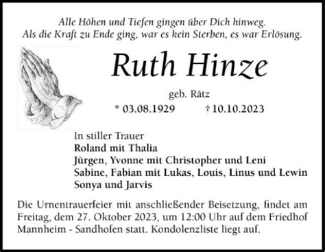 Traueranzeigen Von Ruth Hinze Trauerportal Ihrer Tageszeitung